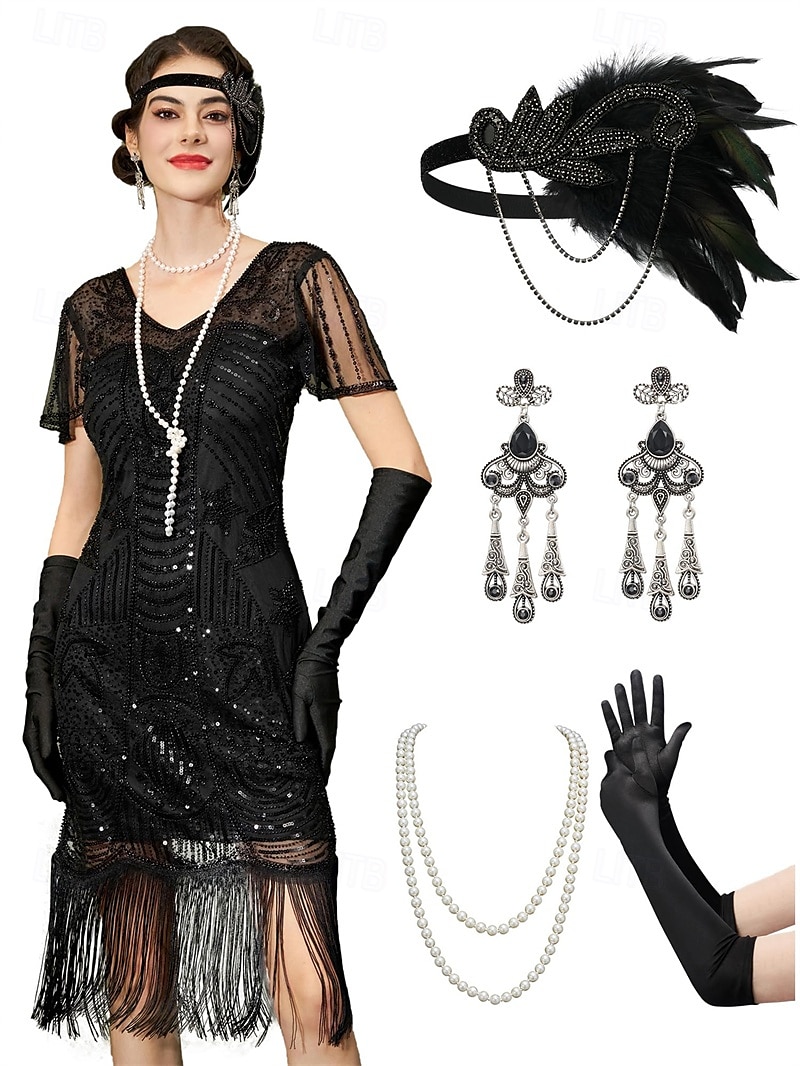 Retró Ordító 20-as évek 1920-as évek Déli Flapper ruha Felszerelések Koktélruha A nagy Gatsby Flapper lány Esküvői Vendég Flitter Rojt Női Farsangi jelmez 7 db Karácsony Mindszentek napja Farsang 2025 - $63.99 –P1