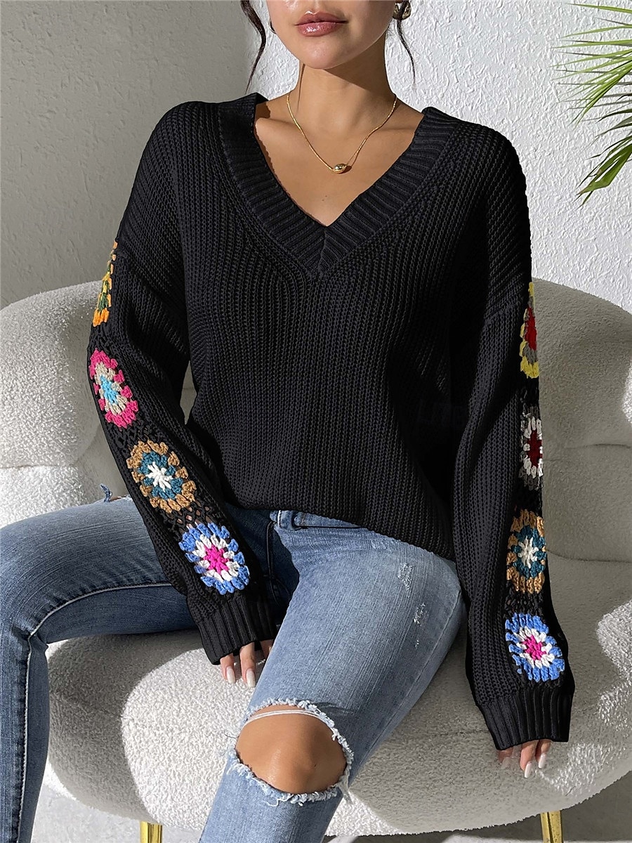 Per donna Felpa Informale Morbido Floreale Uncinetto A V Lavorato a maglia Manica lunga Top regolari Maglia Esterno Giornaliero Fine settimana Nero Bianco Autunno Inverno del 2025 a $31.99 –P16
