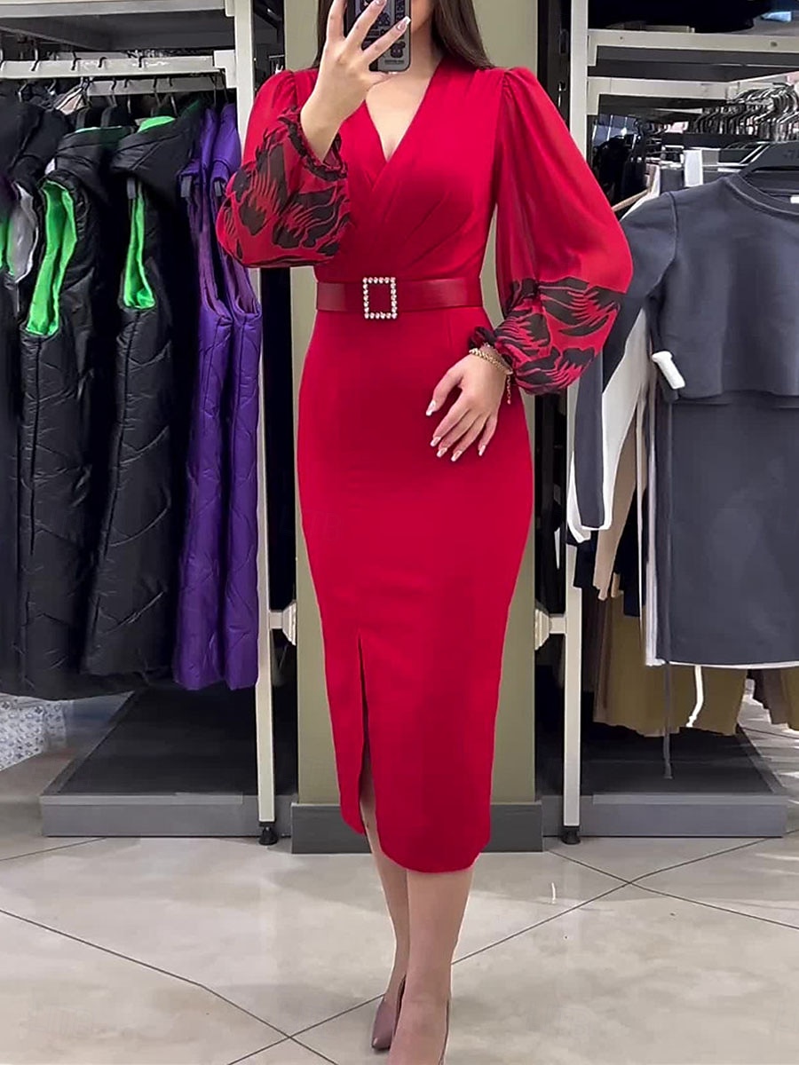 Women's Casual Dress Midi Dress Patchwork With Belt Casual V Neck Long Sleeve Red Color 2025 - $44.99 –P1