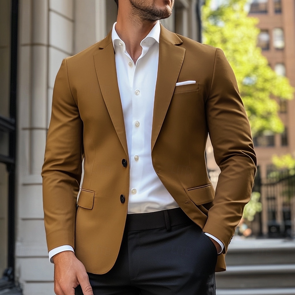 2026年 男性用 ブレザージャケット スポーツコート ノッチカラー カジュアル ソリッド Blazer ネイビーブルー ブラウン ライト スタンダードフィット シングルブレスト 2つボタン  コレクション – $69.99 –P1