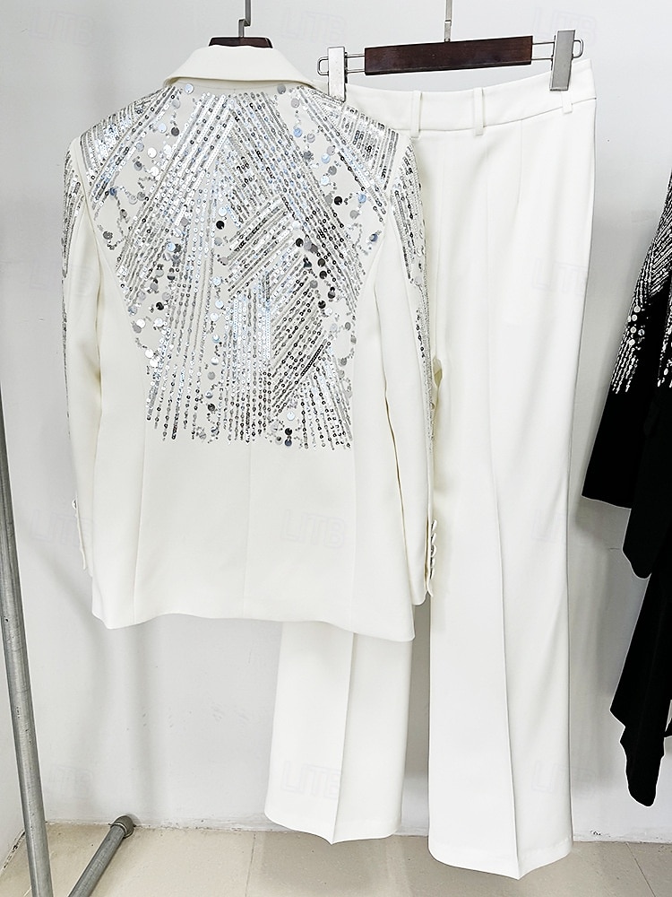 Two Piece Pantsuit Evening Gown Vintage Dress Tuxedo Dress Formal Wedding Floor Length Long Sleeve Shirt Collar  with Glitter 2025 - $199.99 –P5