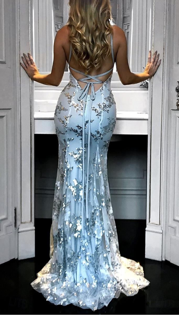Havfrue  Trumpet Kvelds Kjole Elegant Kjole Bryllupsgjest Hovmester Tog Uten ermer V Utringning Bomullsblanding med Glitter 2025 - $87.99 –P3