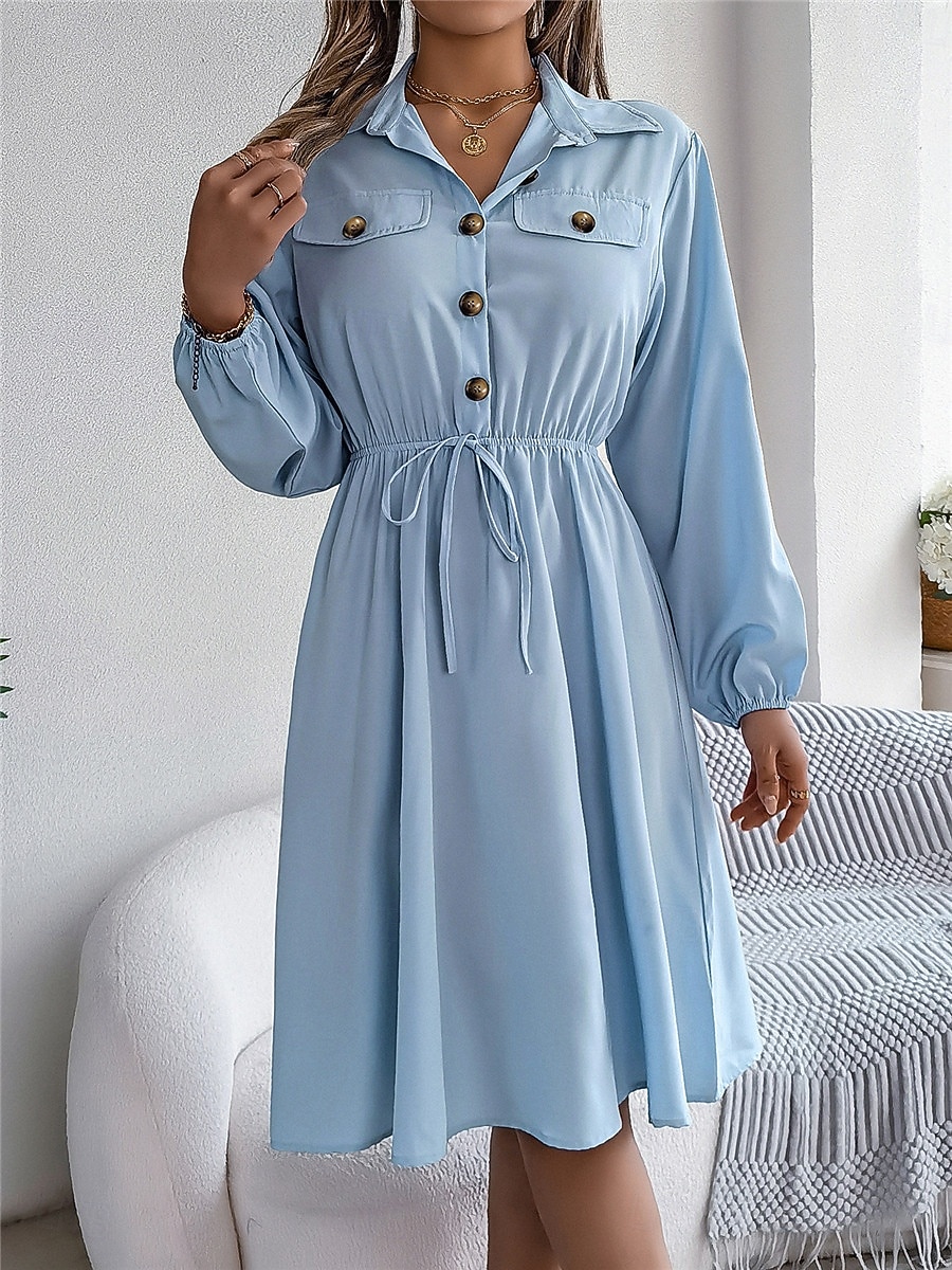 Damen Casual kleid Midikleid Knopf Brautkleider schlicht Hemdkragen Langarm Wein Blau Khaki Farbe 2025 - $31.99 –P3