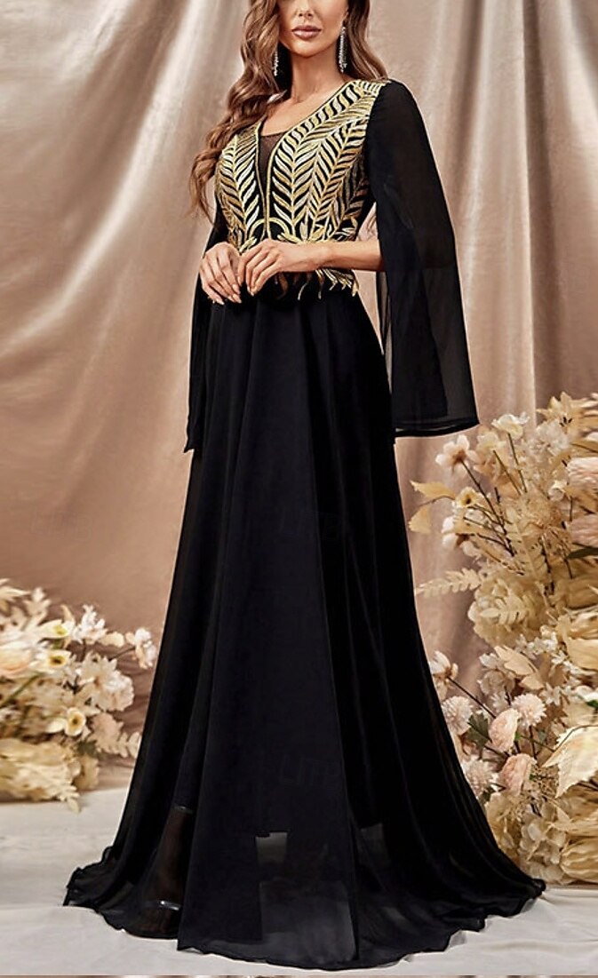 Abito da soirée a linea A elegante per matrimoni con strascico  strascico a spazzola maniche lunghe scollatura a V in chiffon con glitter del 2025 a $91.99 –P2