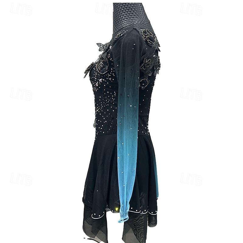 Figure Skating Dress Women's Girls' Ice Skating Dress Black Patchwork Thumbhole Mesh Spandex Stretchy Training Practice Professional Skating Wear Thermal Warm Crystal / Rhinestone Long Sleeve Ice 2025 - $294.49 –P4