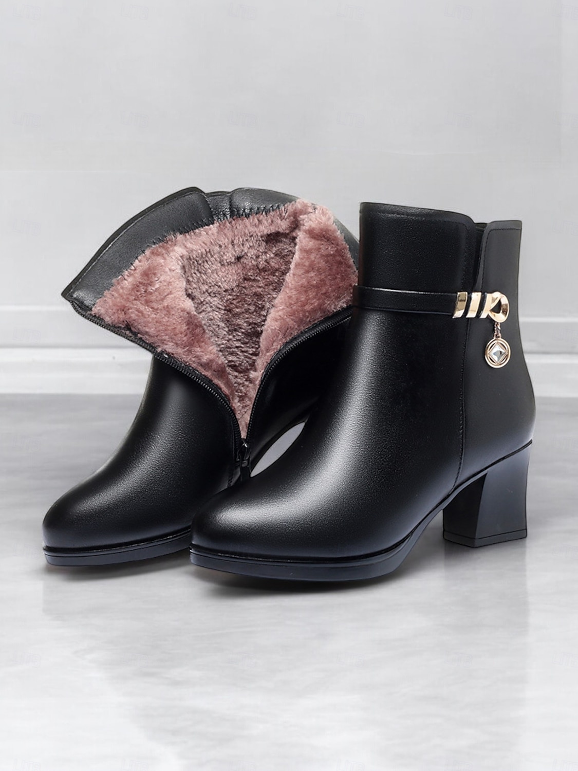 botins femininos pretos - couro sintético com forro de pelúcia, zíper lateral e salto bloco para moda de inverno e uso casual de 2025 por $42.99 –P7