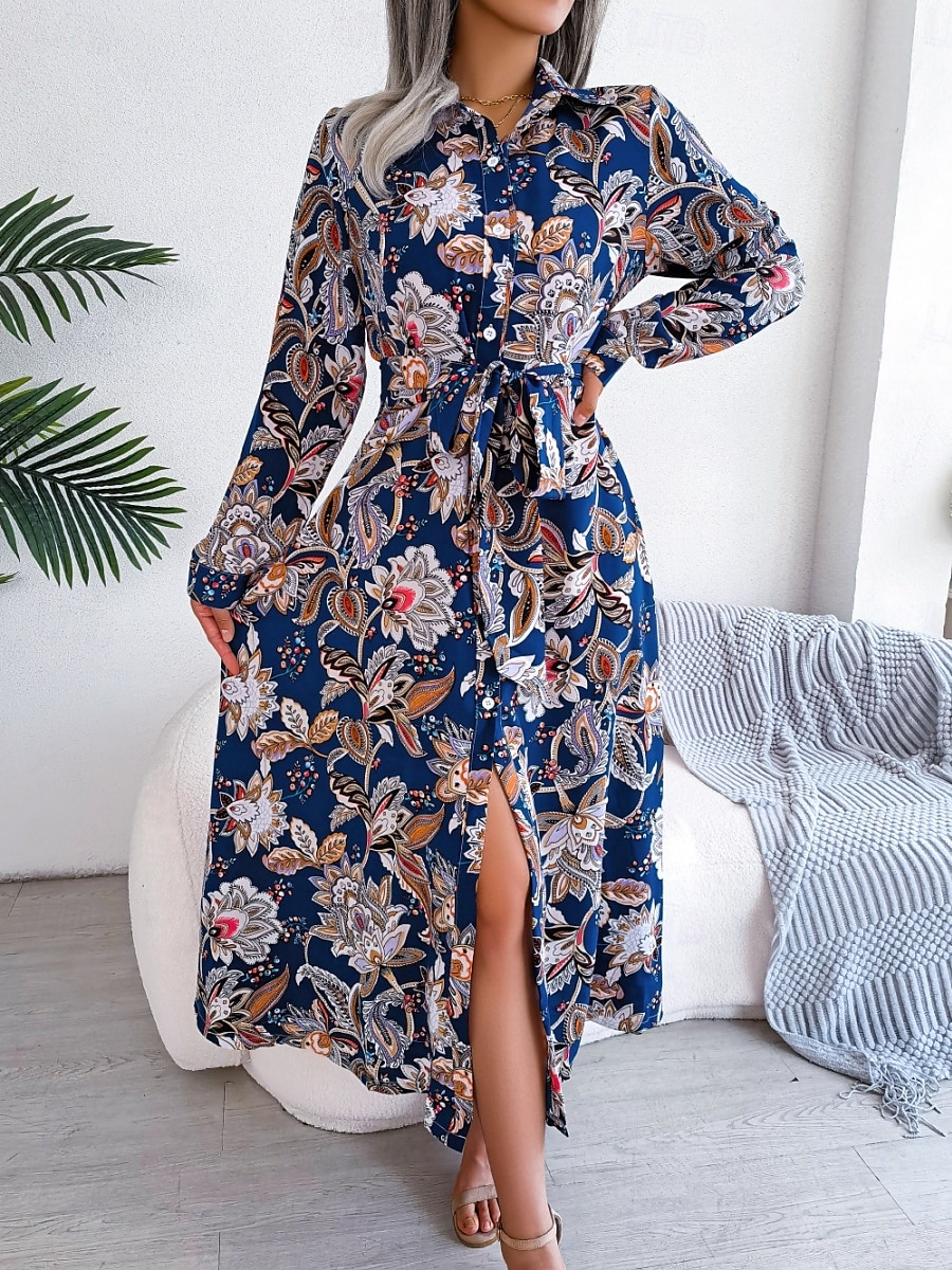 Dam Maxiklänning Vardagsklänning Swingklänning A linjeklänning Boho-klänning Ledigt Dagligen Normal Blommig Långärmad Tröjkrage Kungsblå Sommar Vår Höst 2025 - $35.99 –P1