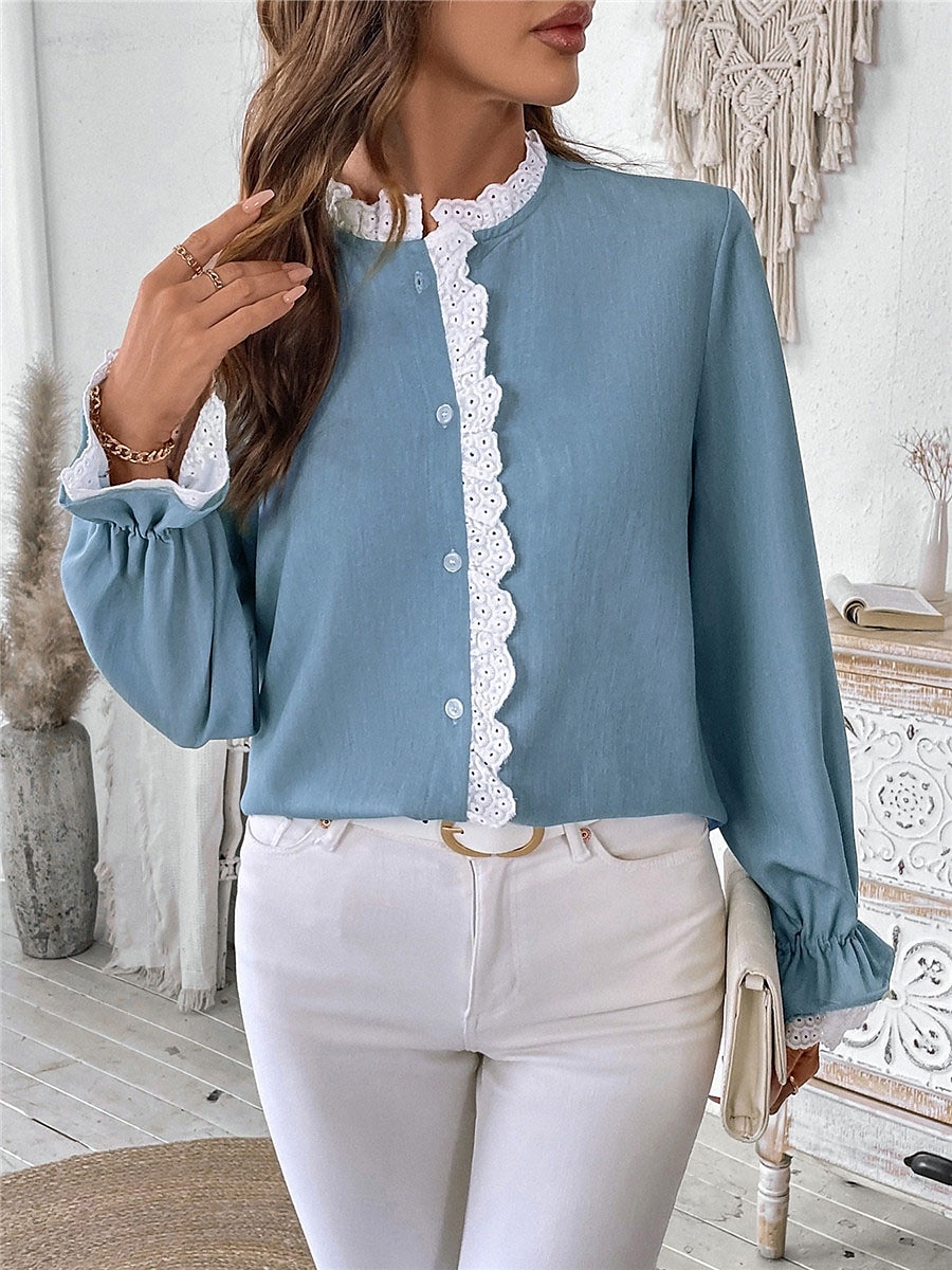 Damen Hemd Bluse Feste Farbe Basic Brautkleider schlicht Langarm V Ausschnitt Normale Oberteile Täglich Spitze Patchwork Knopf Blau Herbst Winter 2025 - $34.99 –P7