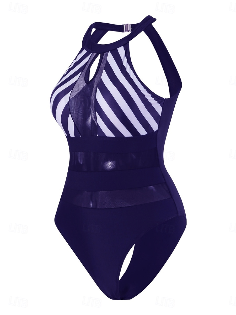 Damen Badeanzug Ein Stück Monokini Bademode Gitter Rückenfrei Bauchkontrolle Hohe Taillenlinie Schlank Urlaub Strandbekleidung Streifen Halfterhals Ärmellos Badeanzüge 2025 - $26.99 –P3