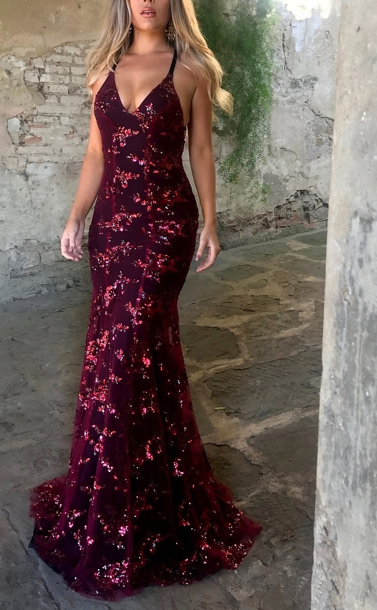 Havfrue  Trumpet Kvelds Kjole Elegant Kjole Bryllupsgjest Hovmester Tog Uten ermer V Utringning Bomullsblanding med Glitter 2025 - $87.99 –P2