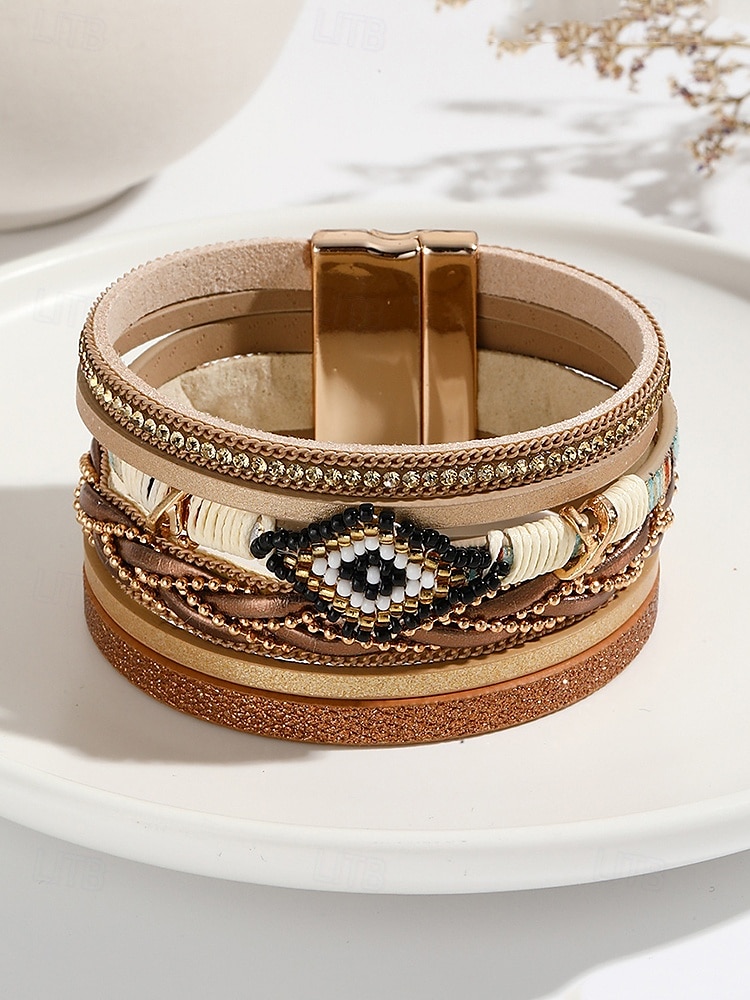 boho koralikowa wielowarstwowa skórzana bransoletka – modna damska bransoletka z zapięciem magnetycznym do swobodnych i boho stylizacji 2025 - $11.99 –P1