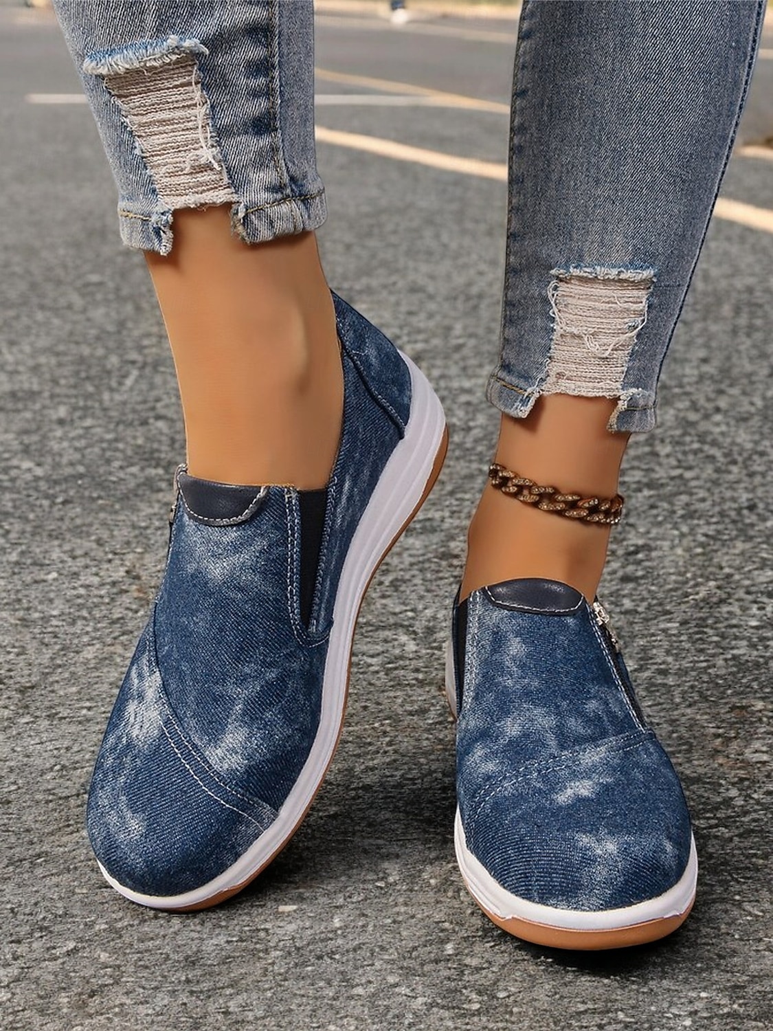 dámské neformální modré džínové slip-on tenisky – stylové vycházkové boty na zip s polstrovanou podrážkou pro každodenní pohodlí 2025 - $29.99 –P2
