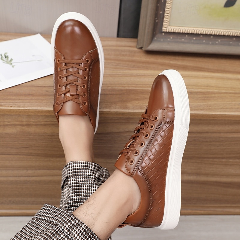 sneakers da uomo in similpelle intrecciata marrone - design casual con lacci e comoda suola bianca per l'uso quotidiano del 2025 a $46.99 –P5