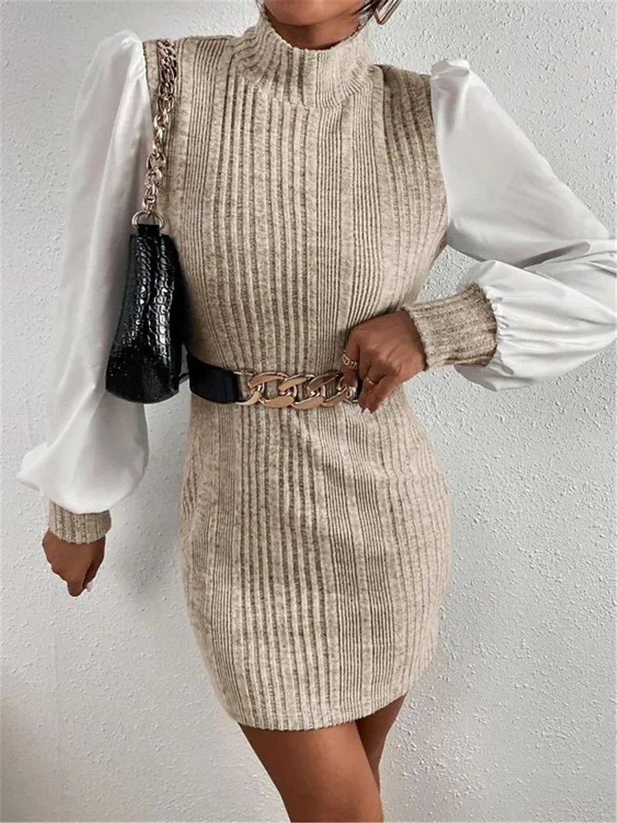 Damen Casual kleid Minikleid Patchwork Brautkleider schlicht Ständer Langarm Braun Beige Farbe 2026 - $33.99 –P1