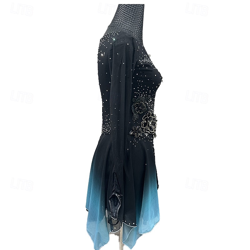 Figure Skating Dress Women's Girls' Ice Skating Dress Black Patchwork Thumbhole Mesh Spandex Stretchy Training Practice Professional Skating Wear Thermal Warm Crystal / Rhinestone Long Sleeve Ice 2025 - $294.49 –P7