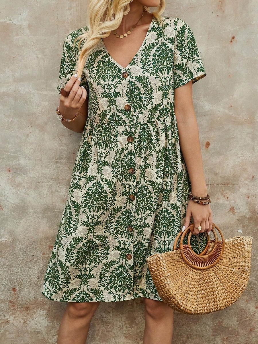 Femme Mini robe Robe casual robe boheme Rétro Vintage Décontractées du quotidien Standard Floral Manche Courte Col V Bleu Marron Vert Eté Printemps Automne de 2025 ? $35.99 –P4
