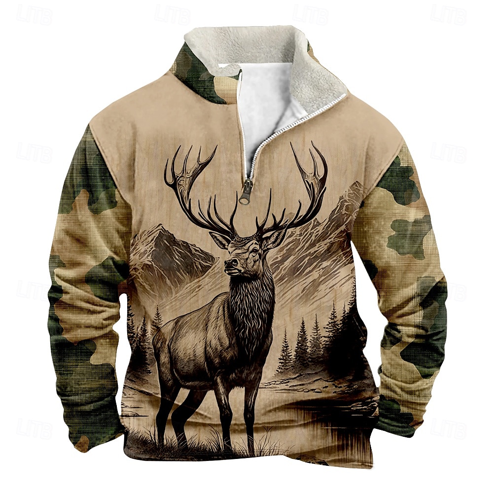 Men's Deer Sweatshirt Quarter Zip Sweatshirt Long Sleeve Sweatshirt Stand Collar Quarter Zip Casual Vintage Retro 3D Print Vacation Going out Streetwear Half Zip Fall Winter 2025 - $45.99 –P1