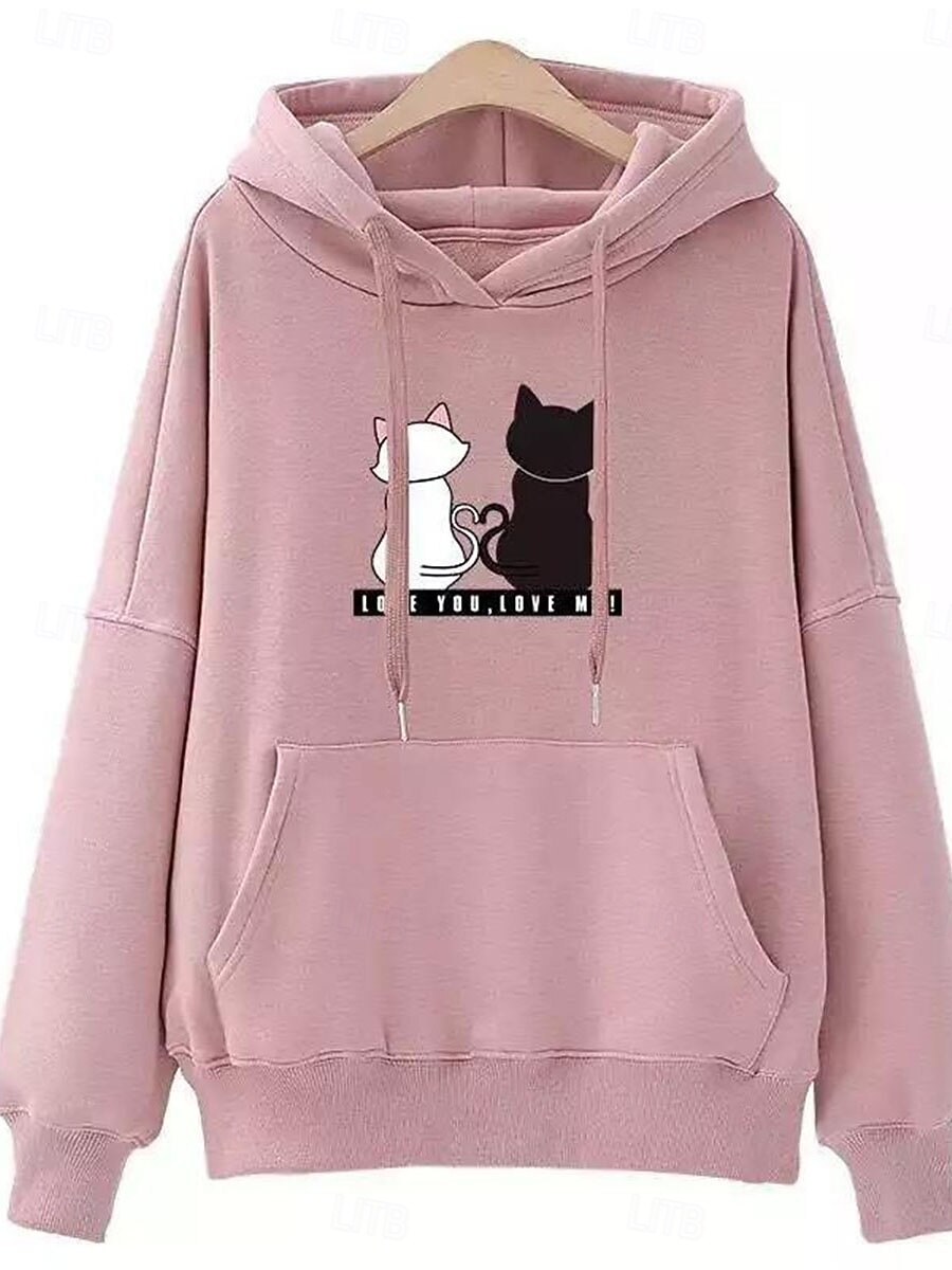 Sudadera con capucha para mujer, informal, con estampado de gato, para uso diario, con bolsillo, manga larga, negra, rosa, roja, para otoño e invierno 2025 - $21.99 -P1