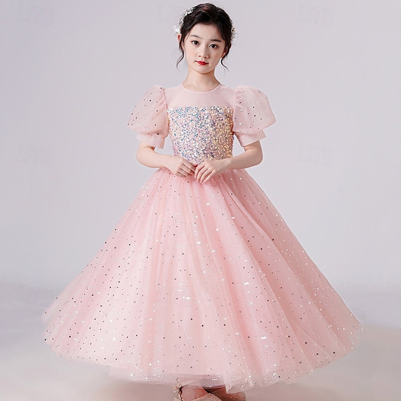 Bloemenmeisjesjurk kinderen Voor meisjes Prinses jurk Prestatie Bruiloft Feest Elegant Mooi Netstof Effen Kleur Korte mouw Strakke ronde hals Wit Blozend Roze 4 jaar + 2025 - $44.99 –P9