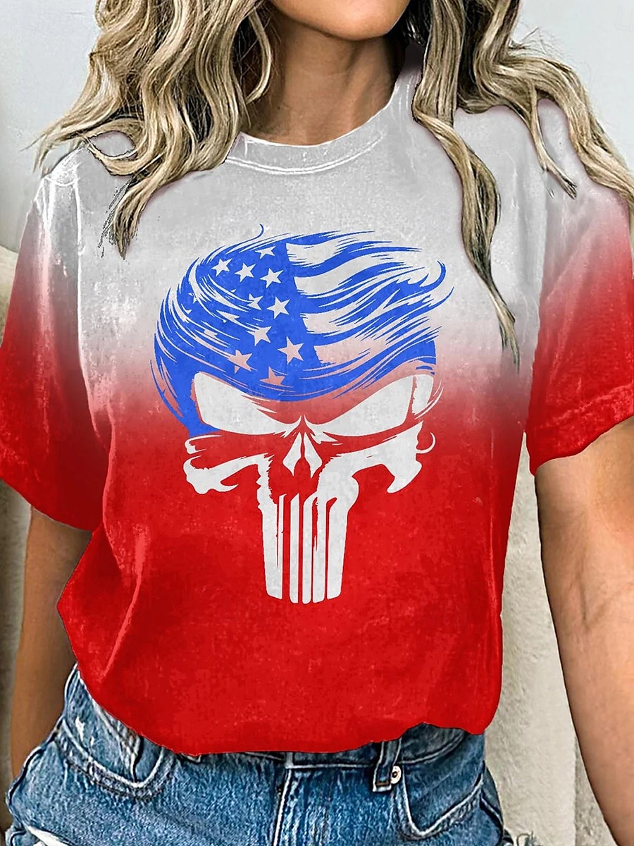 Women's T Shirt Ombre Skull Casual Short Sleeve Round Neck Regular Tops Daily Print Red Summer 2025 - $19.99 –P1