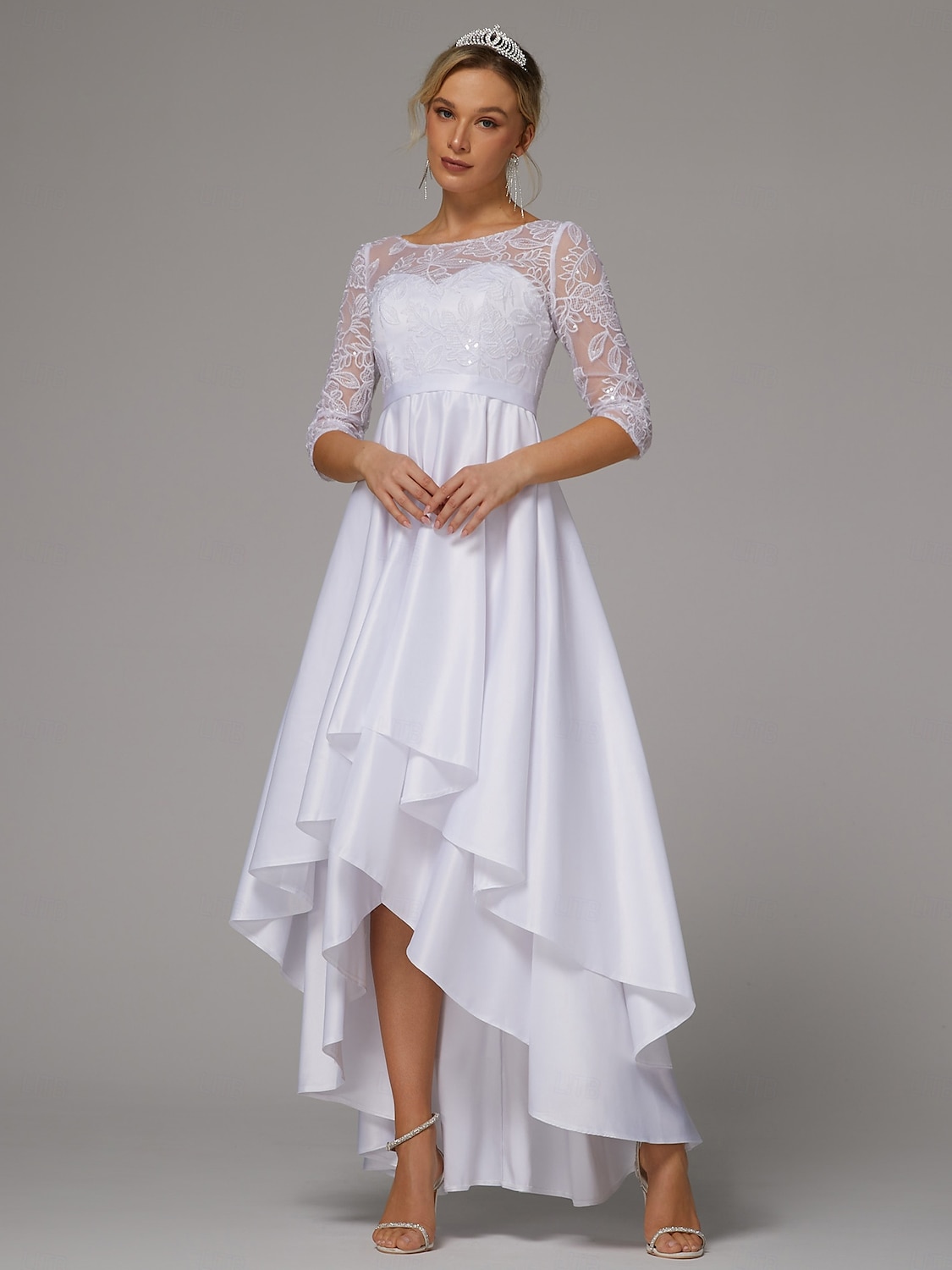 Abiti da sposa abito A-Line collo a barca maniche lunghe asimmetrico abiti da sposa in satin con pieghe mono colore del 2025 a $161.99 –P5