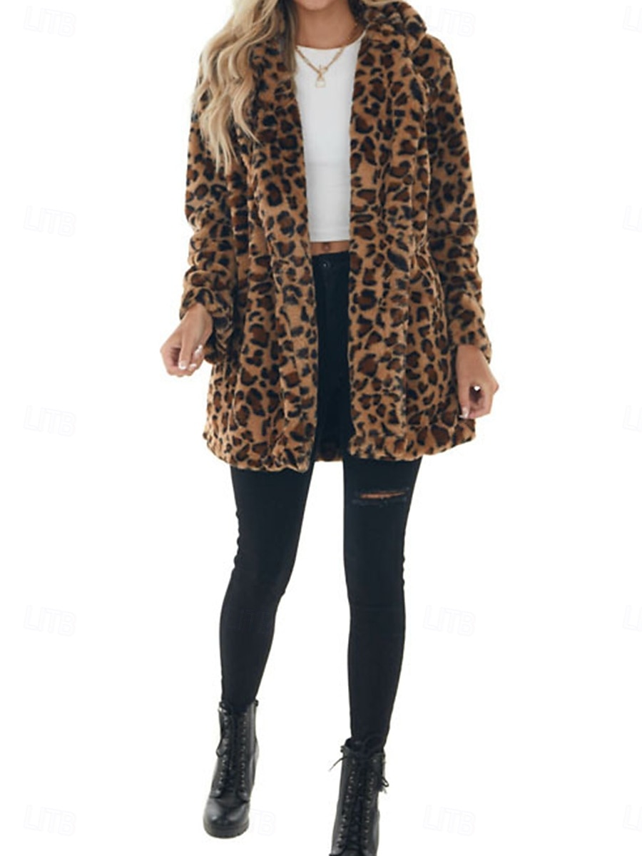 Femme Manteau d'hiver Chaud Respirable Patchwork Avec poches Rétro Vintage Mode Léopard Fête / Soirée Ouvrir le devant Longue Col rabattu Standard manche longue Vêtements d'extérieur Léopard Automne de 2025 ? $58.99 –P3