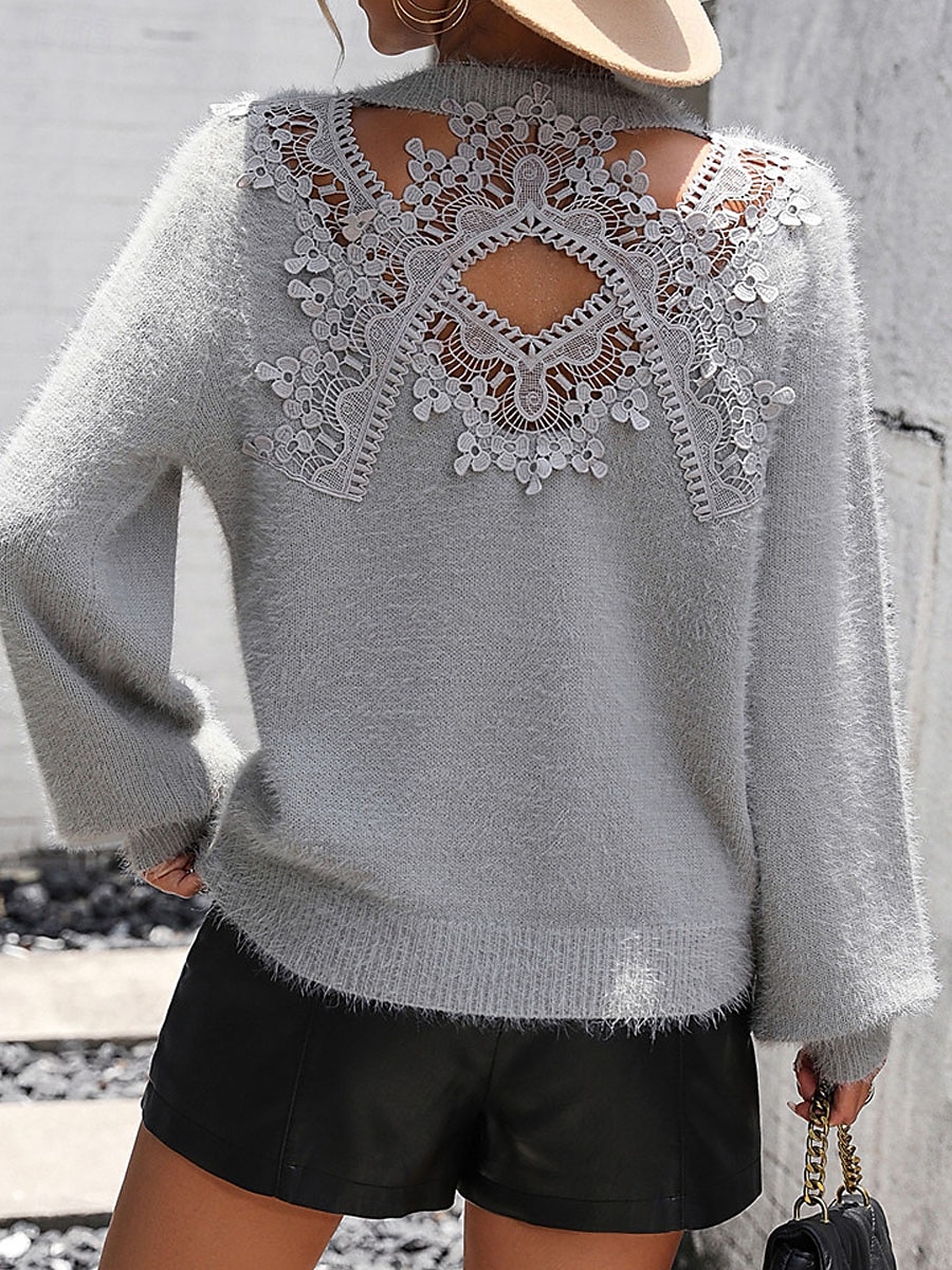 Women's Sweater Casual Soft Pure Color Ribbed Crew Neck Lace Patchwork Knitted Long Sleeve Regular Tops Knit Outdoor Daily Weekend Black White Fall Winter 2025 - $74.99 –P1