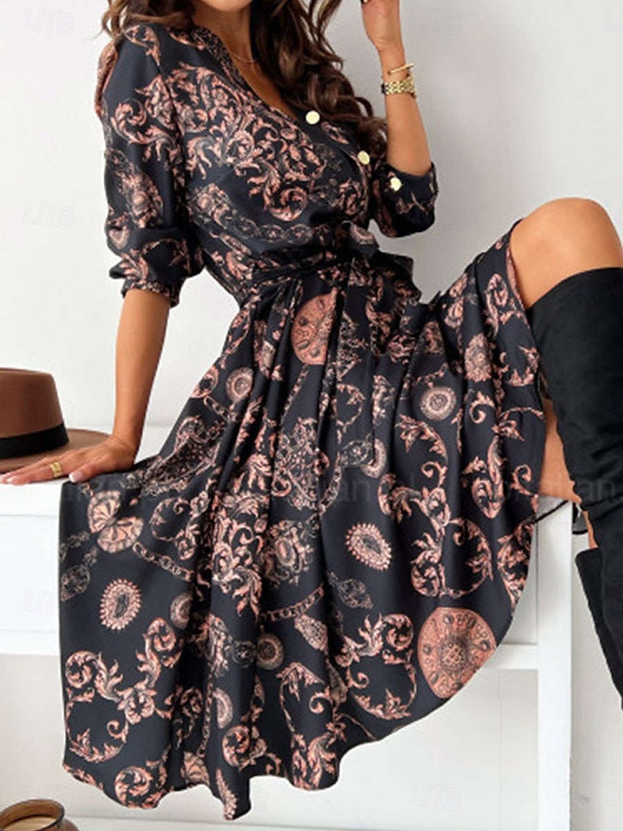 Damen Midikleid Casual kleid Schaukelkleid A Linie Kleid Boho-Kleid Brautkleider schlicht Täglich Regular Fit Blumen Langarm V Ausschnitt Schwarz Gelb Rote Purpur Frühling Herbst 2025 - $41.99 –P3