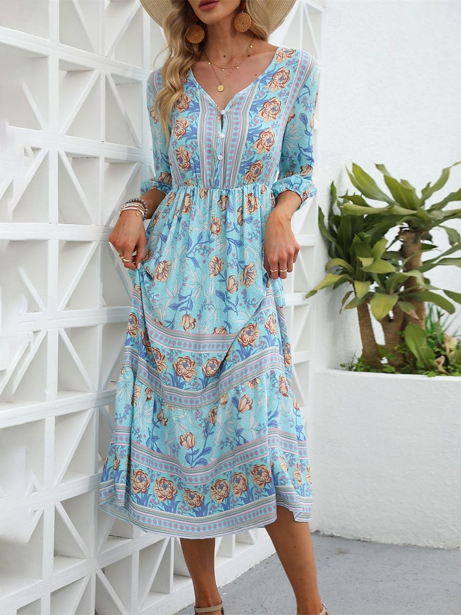 Damen Midikleid Casual kleid Schaukelkleid A Linie Kleid Boho-Kleid Brautkleider schlicht Täglich Regular Fit Blumen 3/4 Ärmel V Ausschnitt Rosa Blau Aprikose Sommer Frühling Herbst 2025 - $41.99 –P4