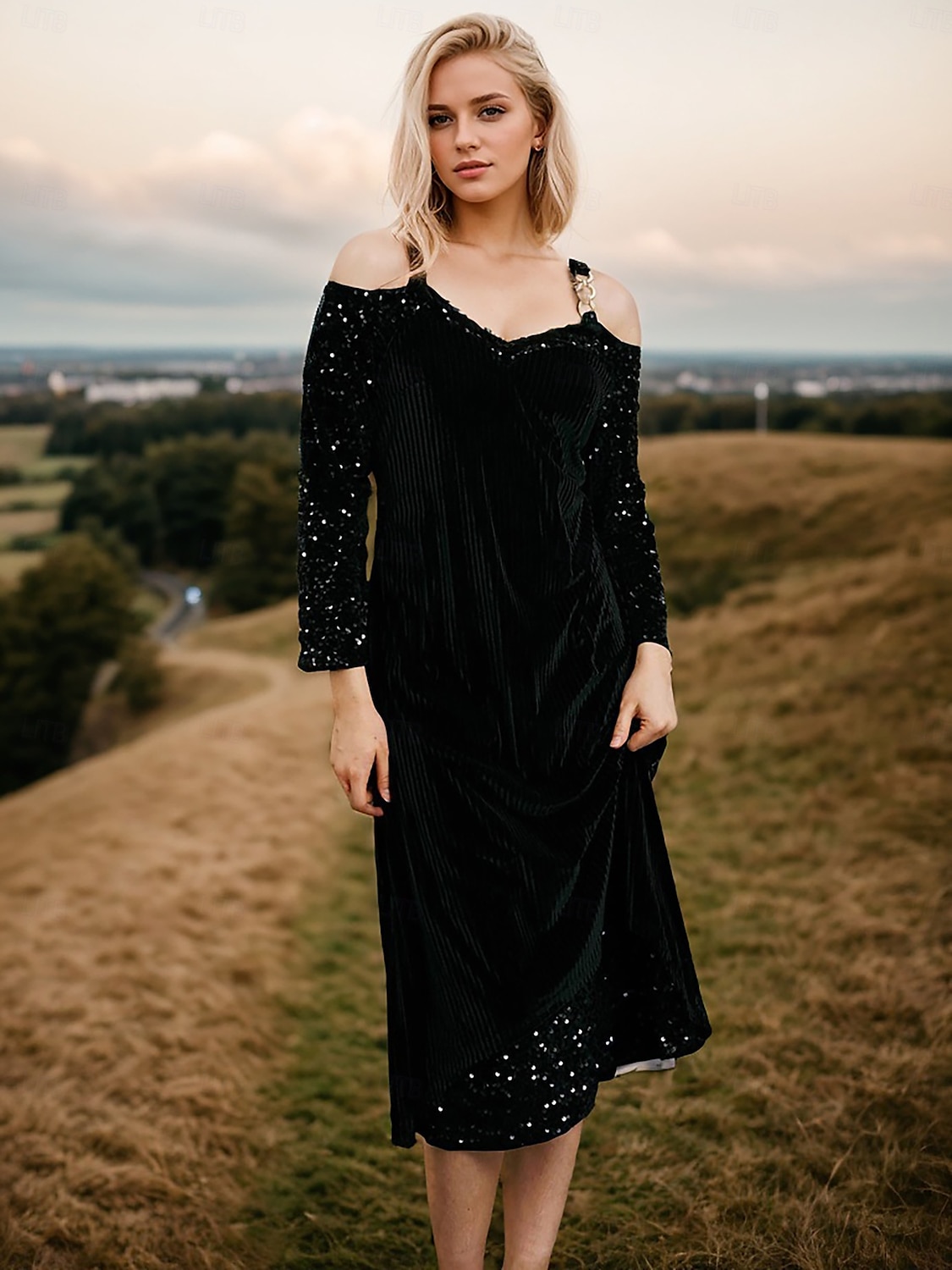 Velvet Cold Shoulder V Neck Midi Dress 2025 - $61.99 –P1