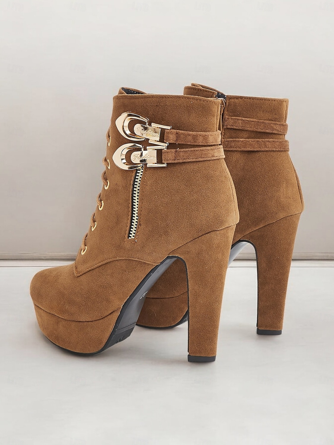 bottines en daim marron pour femmes - modèle à lacets avec boucle dorée et détails zippés, chaussures à talons hauts à plateforme pour des looks décontractés et de fête élégants de 2025 ? $46.99 –P7