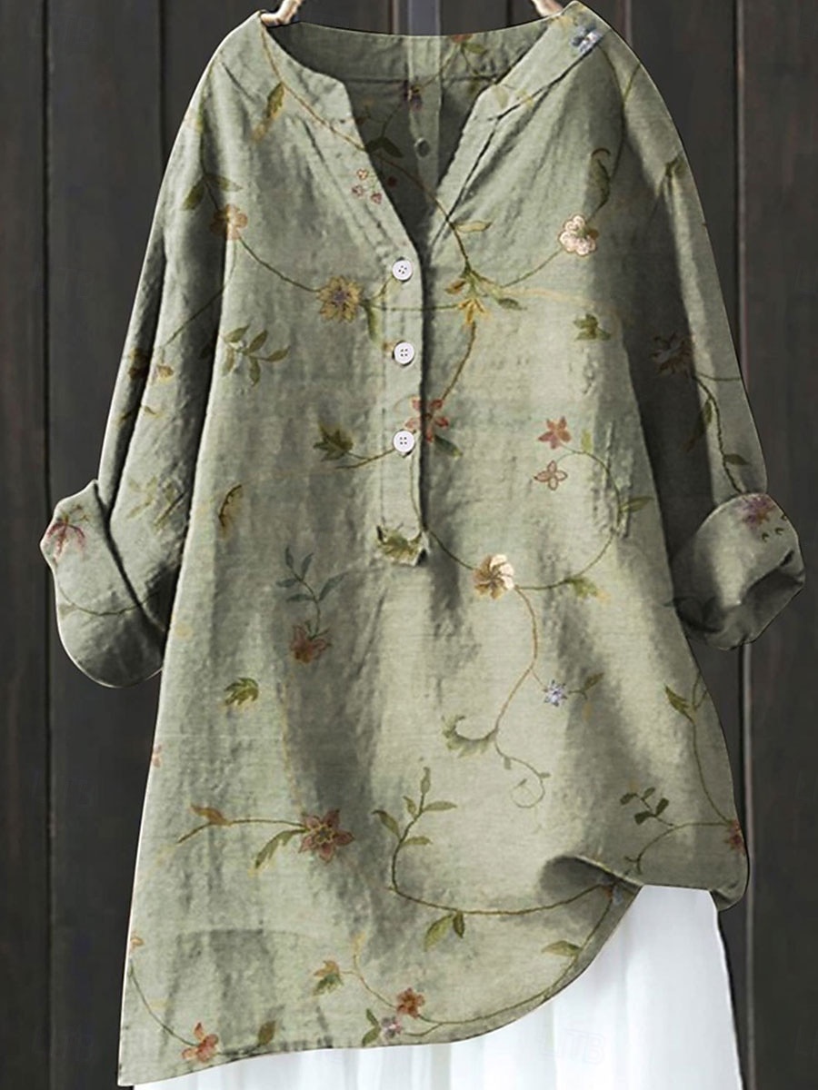 Per donna Camicia Finto cotone e lino Manica Lunga Scollo a V Giallo Verde Primavera Autunno del 2026 a $23.99 –P1