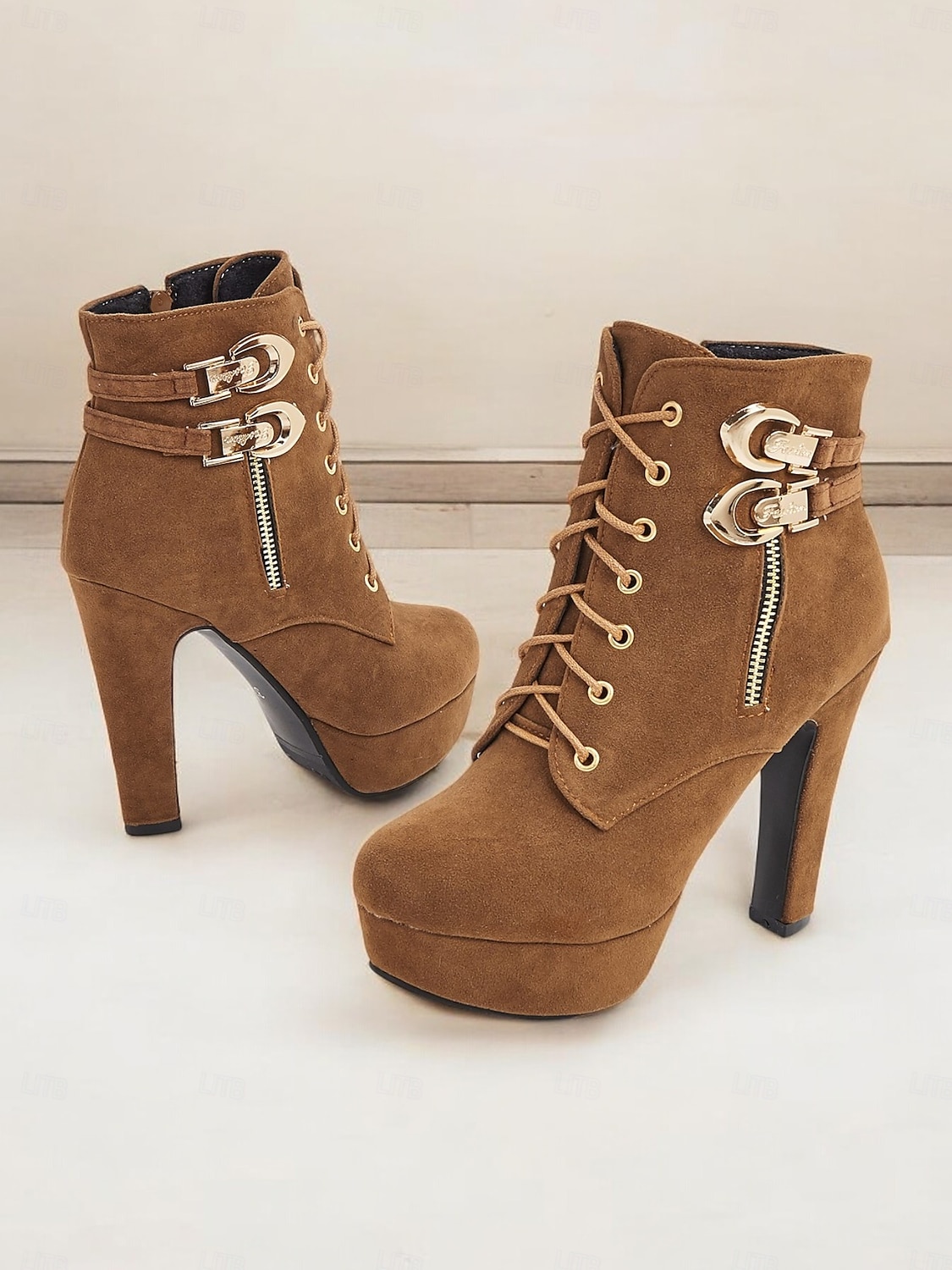bottines en daim marron pour femmes - modèle à lacets avec boucle dorée et détails zippés, chaussures à talons hauts à plateforme pour des looks décontractés et de fête élégants de 2025 ? $46.99 –P6