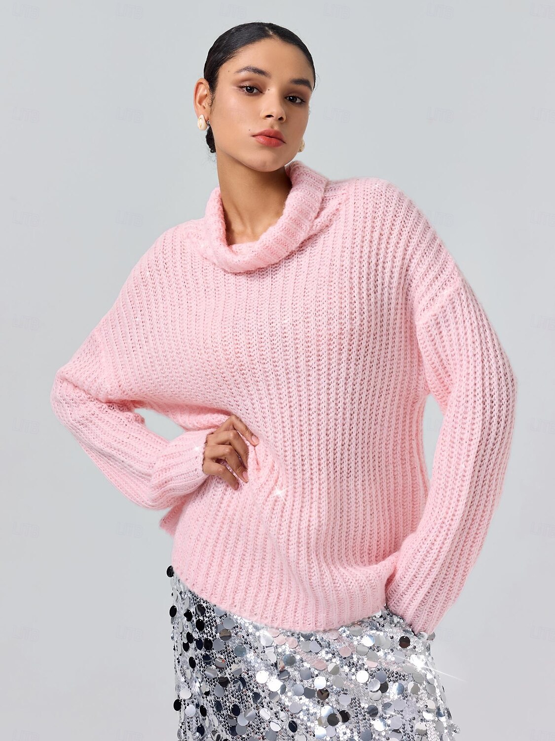 Dame Genser Rullekrage Riflet Strikke Ull Polyester Nylon Paljetter Drop Shoulder Vinter Fritid / hverdag Strikketøy Daglig Fritid Langermet Helfarge Rosa S M L 2025 - $72.99 –P6