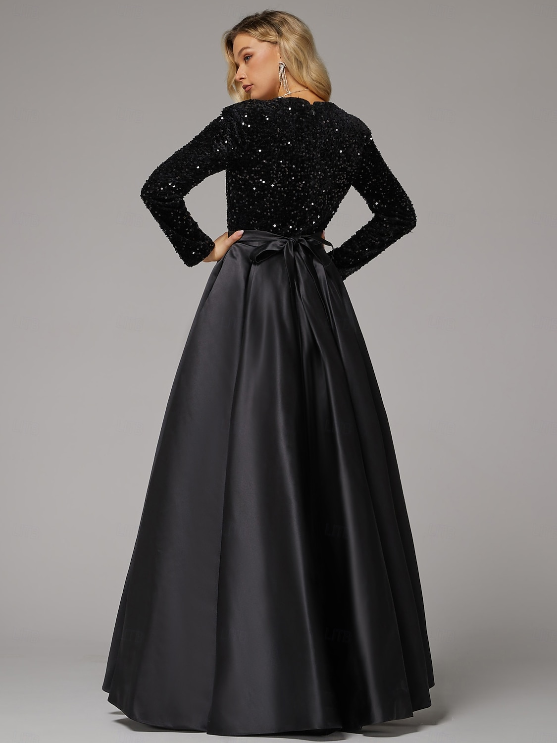 Ballkleid Abendkleid Elegantes Kleid Hochzeitsgast Geburtstag bodenlang langärmlig V-Ausschnitt Taschensatin mit Pailletten-Tasche 2025 - $180.99 –P2