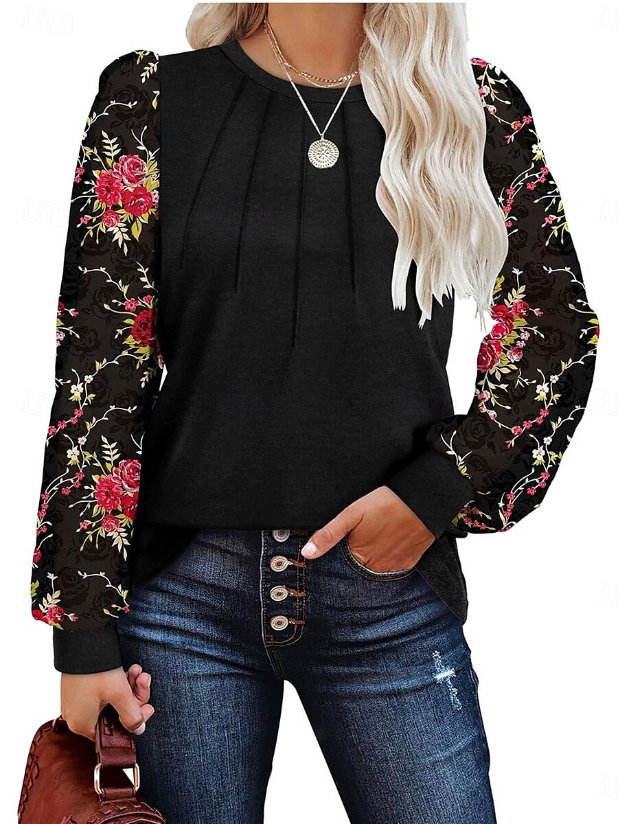 Per donna Camicia Blusa Floreale Informale Manica lunga Girocollo Top regolari Giornaliero Collage Stampa Nero Marrone Autunno Inverno del 2025 a $29.99 –P8