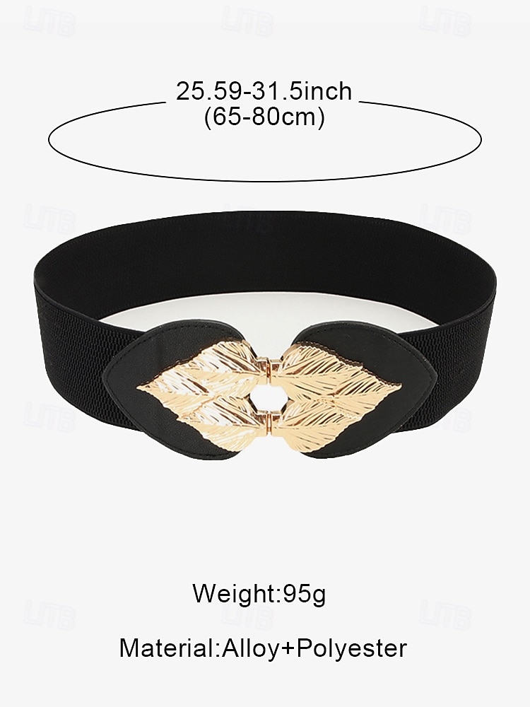 Women's Chic Black Elastic Waist Belt with Gold Leaf Buckle – Stylish Accessory for Dresses and Formal Outfits 2025 - $11.99 –P8
