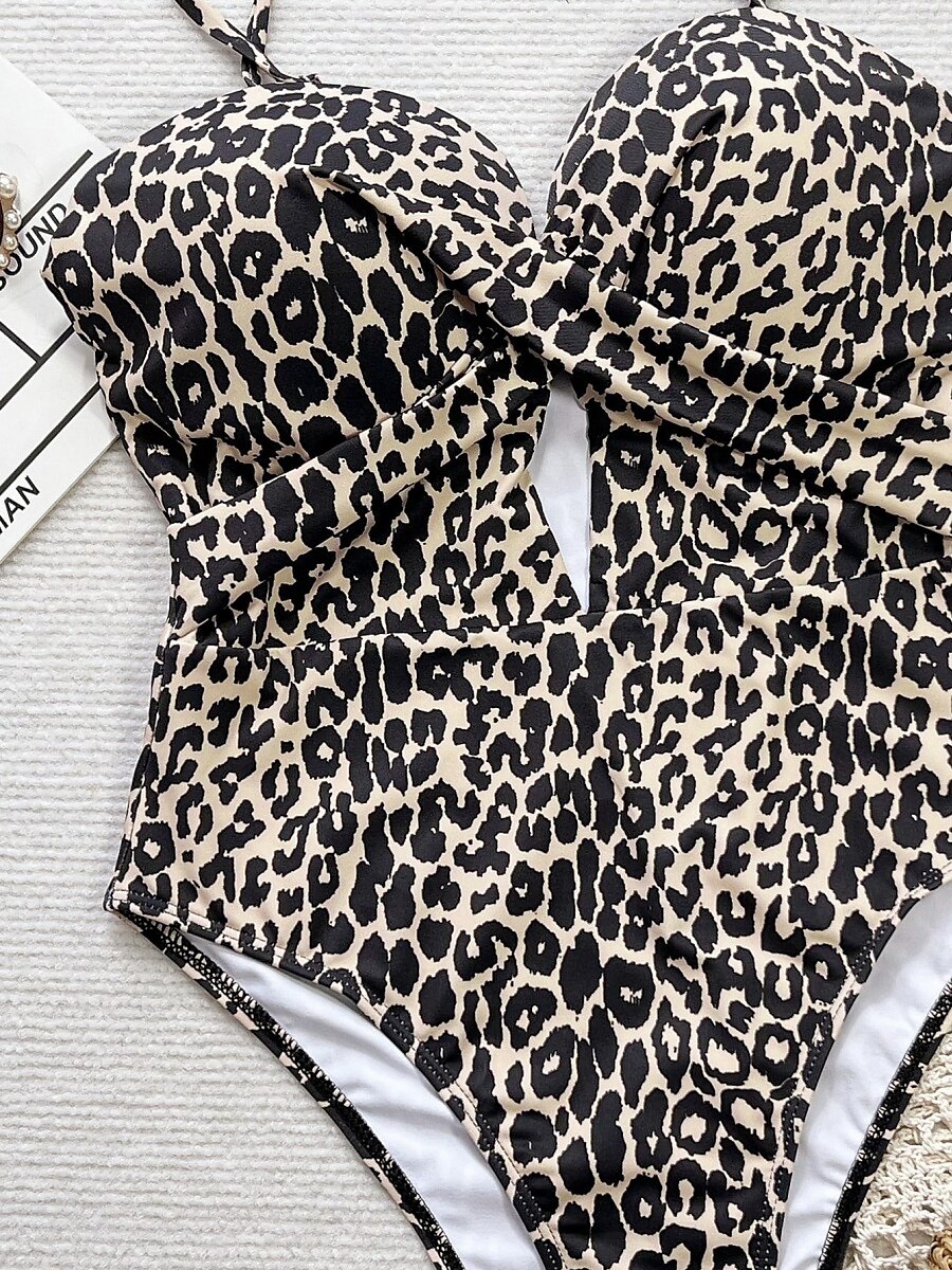 Women's Swimwear One Piece Monokini Swimsuit Backless Tummy Control High Waist Slim Vacation Beach Wear Leopard Halter Neck Sleeveless Bathing Suits 2025 - $26.99 –P4