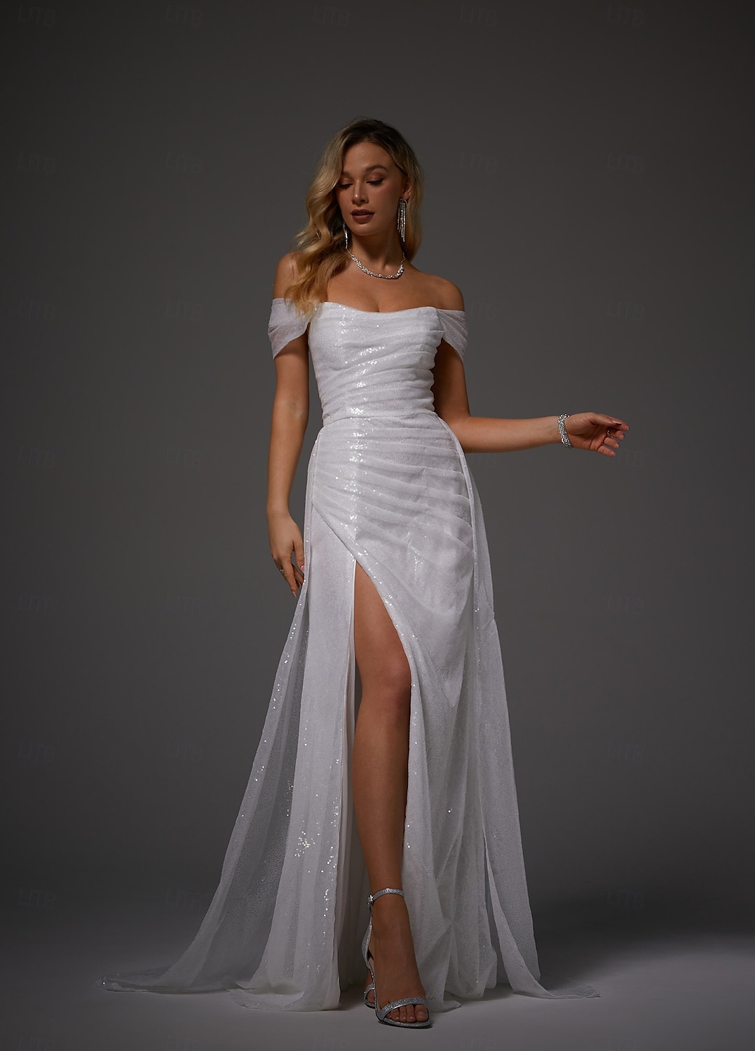 havfrue aftenkjole elegant kjole bryllup gjesteball feie / børste tog gulvlengde kortermet off shoulder høst bryllupsmottak sateng med splitt 2025 2025 - $171.99 –P4