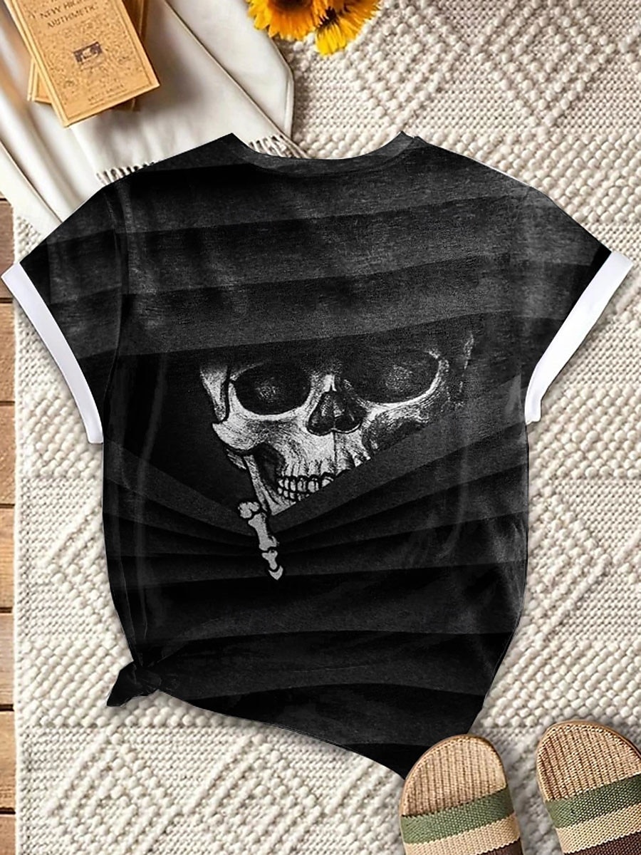 Women's T Shirt Skull Casual Short Sleeve Round Neck Regular Tops Halloween Daily Print Black Summer 2025 - $19.99 –P3