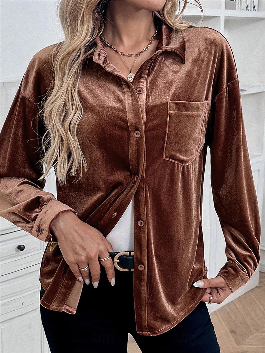 Dames Overhemd Blouse Effen Kleur Basic Casual Lange mouw V-hals Normale tops Dagelijks Lapwerk Knop Zak Wijn Bruin Groen Herfst Winter 2025 - $36.99 –P11