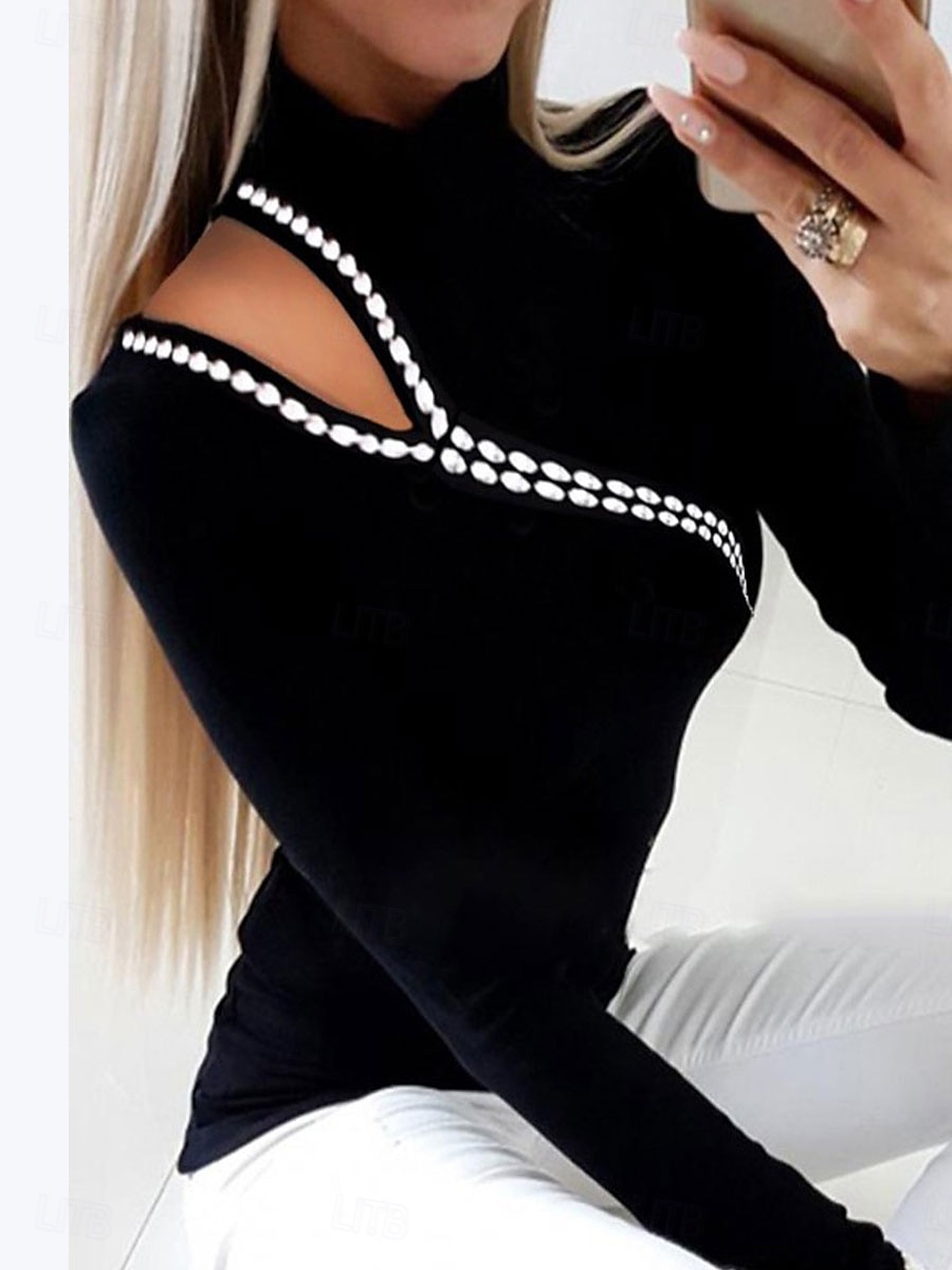 Sudadera de mujer moda casual lisa fiesta casual salir cuello alto patchwork manga larga negro otoño invierno 2025 - AU $50.49 –P1