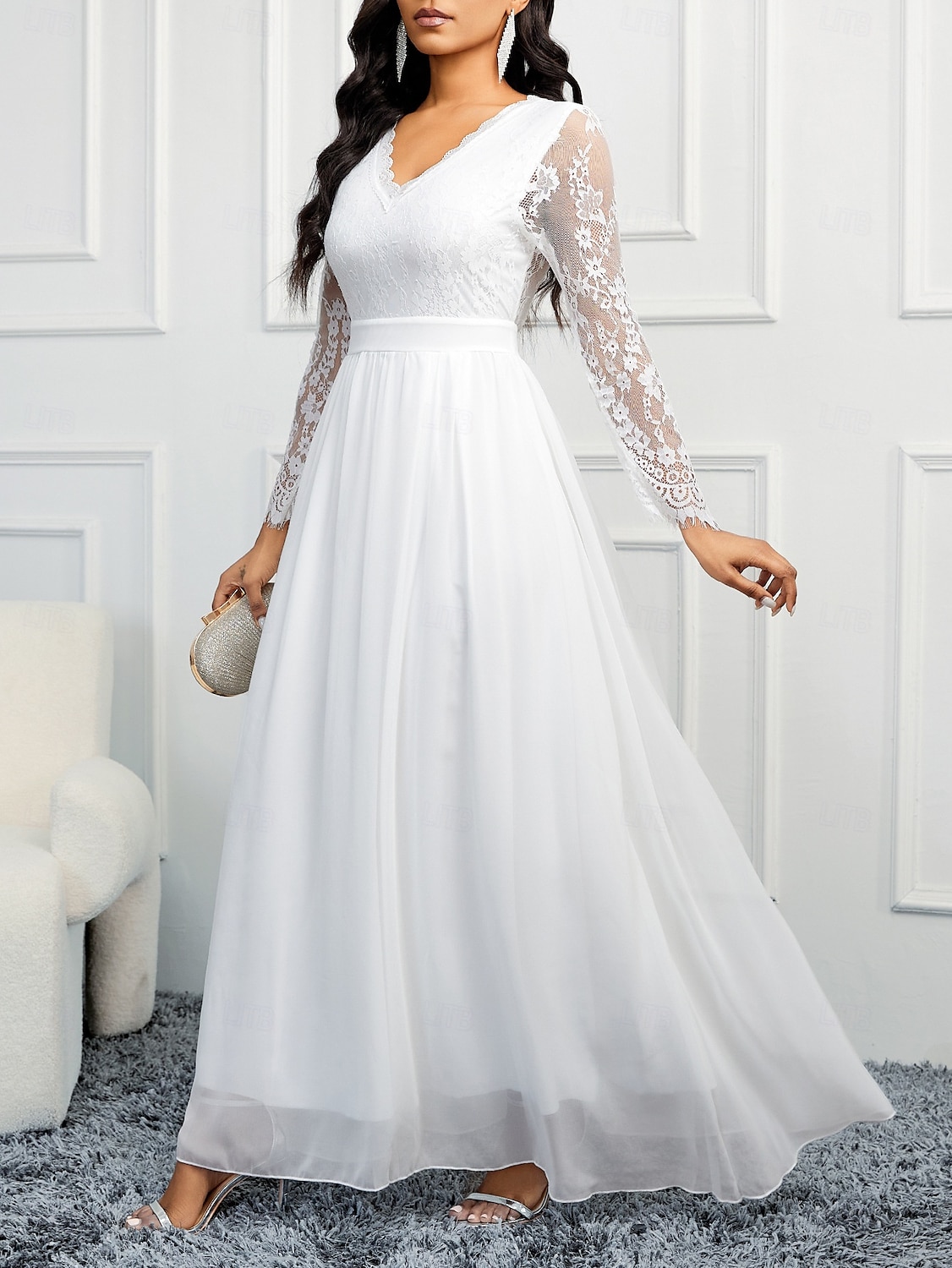 Esküvői ruhák A-vonal V nyakú hosszú ujjú földig érő chiffon menyasszonyi ruhák applikációkkal 2025 - $97.99 –P1