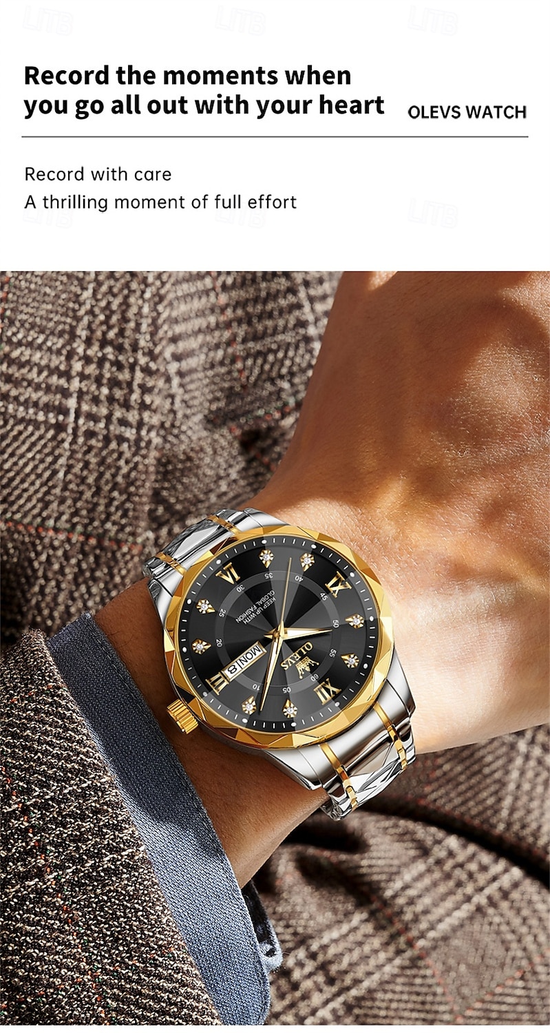 New Olevs Brand Men'S Luminous Commercial Business Steel Belt Watch Calendar Week Display Fashion Trend Waterproof Simple Leisure Quartz Watch Diamond-Shaped Mirror Sports Watch 2026 - $38.99 –P13