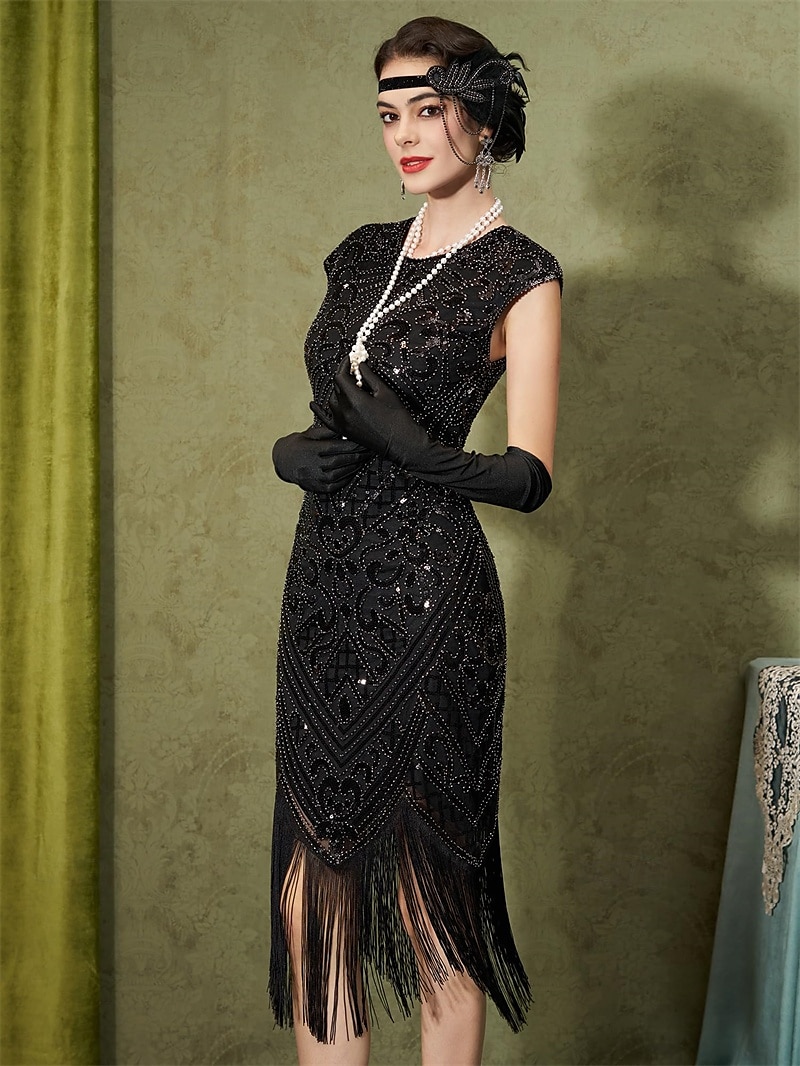 Anos 20 Vestido Coquetel Vestido antigo Meio-dia Vestido melindroso Roupa Vestido Coquetel O Grande Gatsby Menina melindrosa Convidado do casamento Paetês Pena Franja Mulheres Fantasia de Carnaval 7 de 2025 por $58.99 –P2