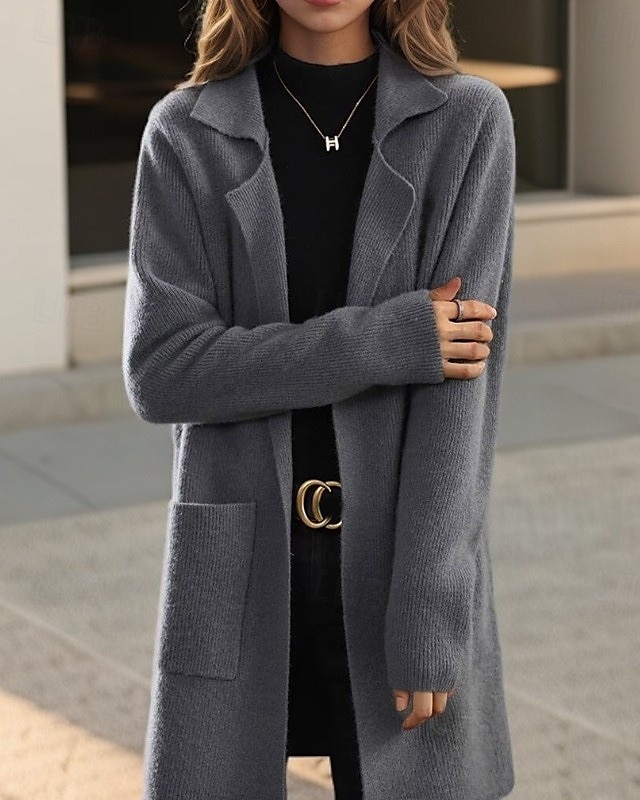 Women's Sweater Cardigan Sweater Jacket Shirt Collar Knit Pocket Knitted Spring Fall Home Daily Weekend Elegant Daily Casual Long Sleeve Pure Color Black Camel 2025 - $56.99 –P5