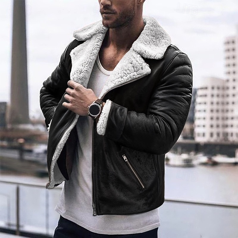 Herren Lederjacke Kunstlederjacke Fleecejacke Sherpa-Jacke Täglich Urlaub warm Tasche Vlies Herbst Winter Glatt Modisch Strassenmode Kargen Standard Schwarz Braun Grün Jacken 2025 - $61.99 –P1