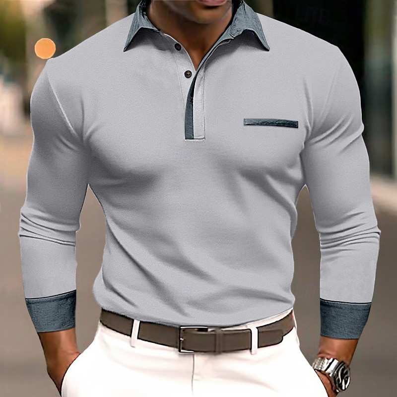 Herren Poloshirts Golf Poloshirts Strasse Geschäft Kargen Klassisch Langarm Modisch Basic Patchwork Tasche Farbblock Herbst Winter Jahreszeiten Regular Fit Hellblau Babyblau Schwarz Weiß Burgunderrot 2025 - $26.99 –P1