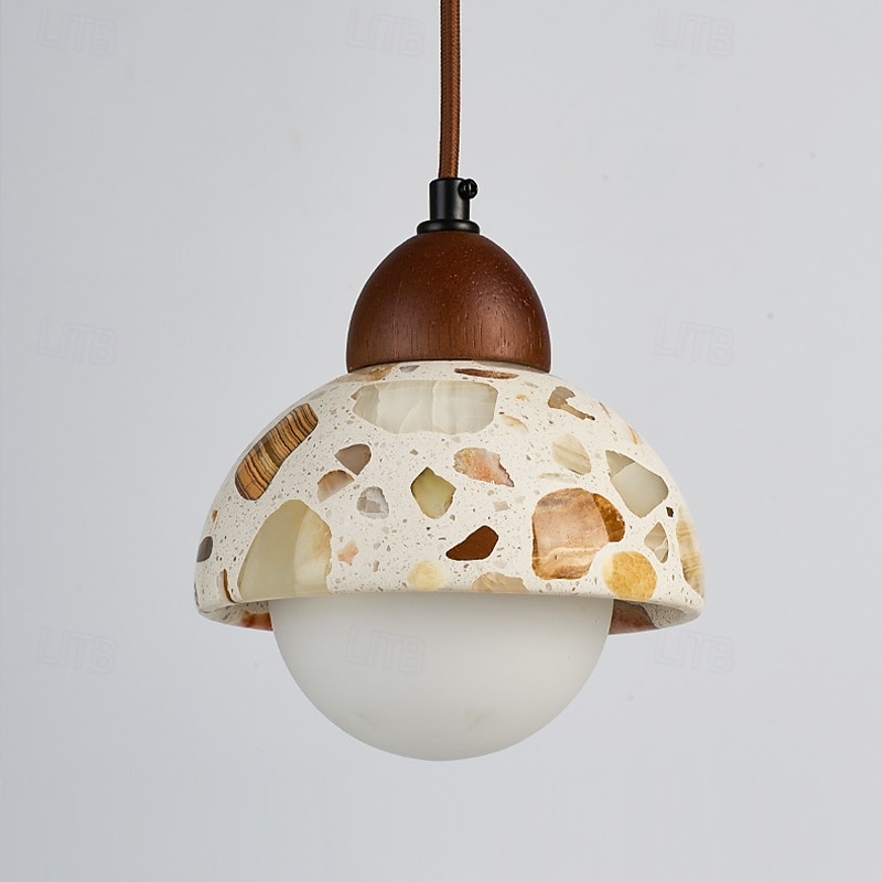 wabi-sabi terrazzo pendellampe rund halvkule sement massivt tre 1-lys pendel 85-265v 2025 - $109.99 –P3