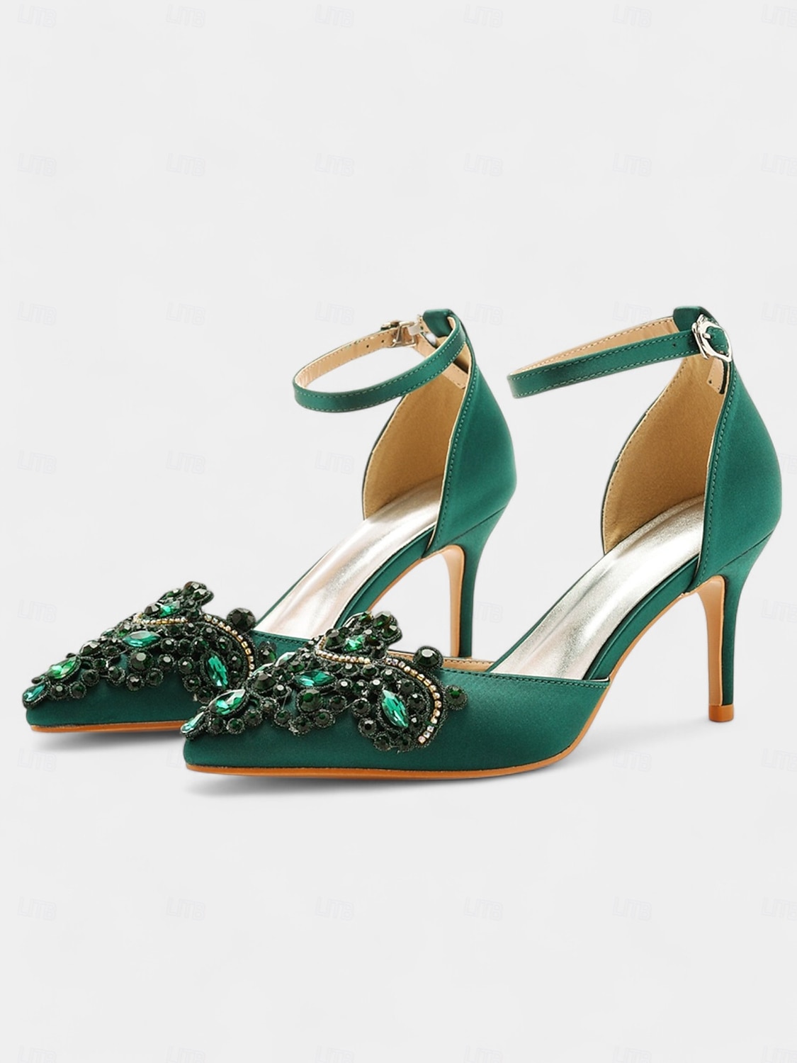 Women's Emerald Green Satin Ankle Strap Heels – Pointed Toe Cocktail Shoes with Crystal Embellishments for Parties and Weddings 2026 - $59.99 –P3